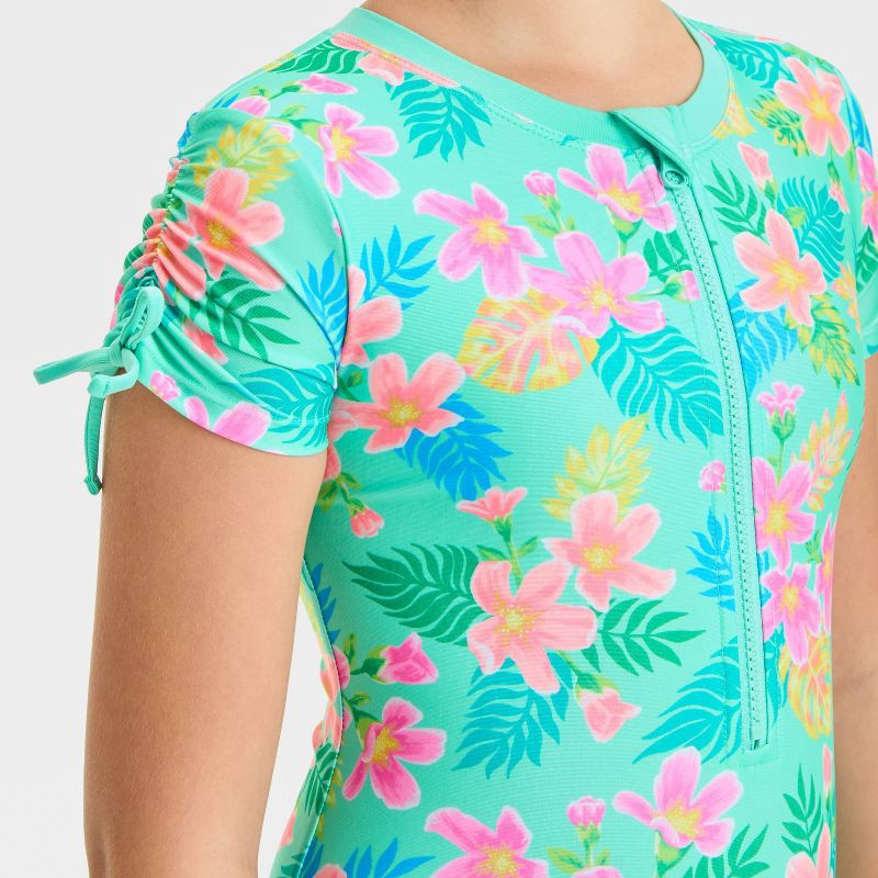 slide 3 of 3, Girls' Enchanting Tropical Floral Printed One Piece Rash Guard - Cat & Jack™ L: UPF 50+, Highneck, Short Sleeve, 1 ct