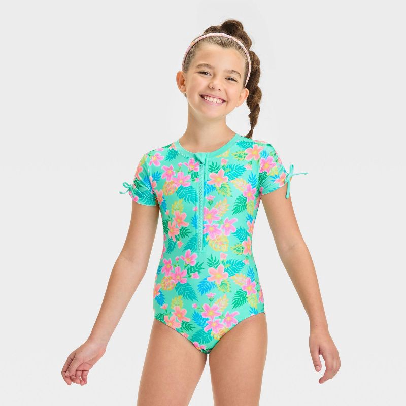 slide 1 of 3, Girls' Enchanting Tropical Floral Printed One Piece Rash Guard - Cat & Jack™ L: UPF 50+, Highneck, Short Sleeve, 1 ct