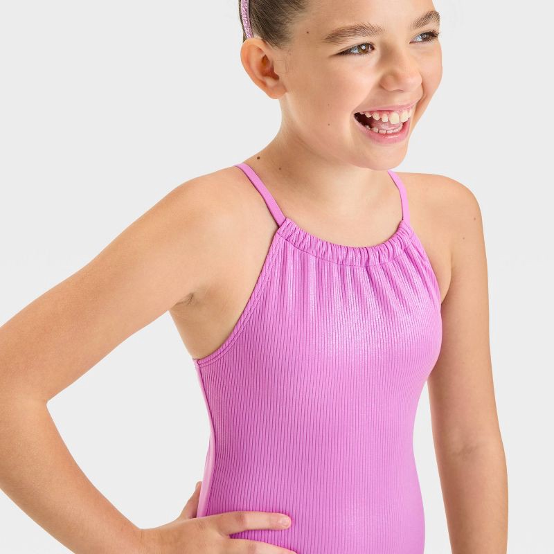 slide 3 of 3, Girls' Summer Shimmer Solid One Piece Swimsuit - Cat & Jack™ Purple M: UPF 50+, Sleeveless, Full Lining, 1 ct