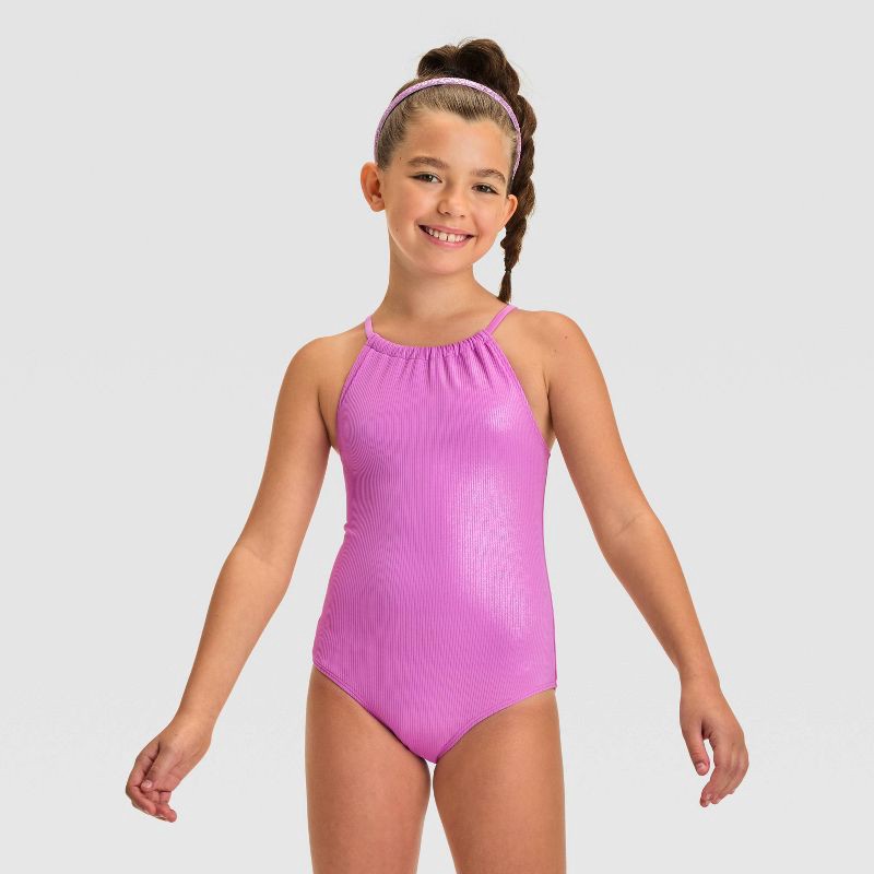 slide 1 of 3, Girls' Summer Shimmer Solid One Piece Swimsuit - Cat & Jack™ Purple M: UPF 50+, Sleeveless, Full Lining, 1 ct