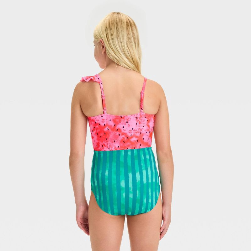 slide 2 of 3, Girls' Fruit Printed One Piece Swimsuit - Cat & Jack™ Red/Turquoise Green XL: Asymmetrical, Adjustable Strap, UPF 50+, 1 ct