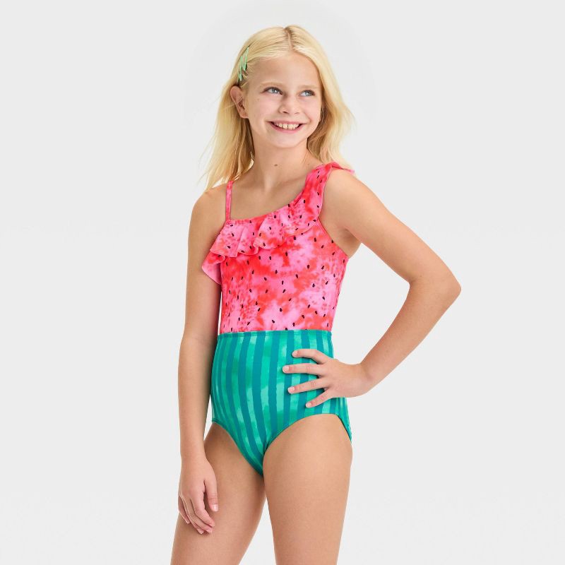 slide 1 of 3, Girls' Fruit Printed One Piece Swimsuit - Cat & Jack™ Red/Turquoise Green XL: Asymmetrical, Adjustable Strap, UPF 50+, 1 ct