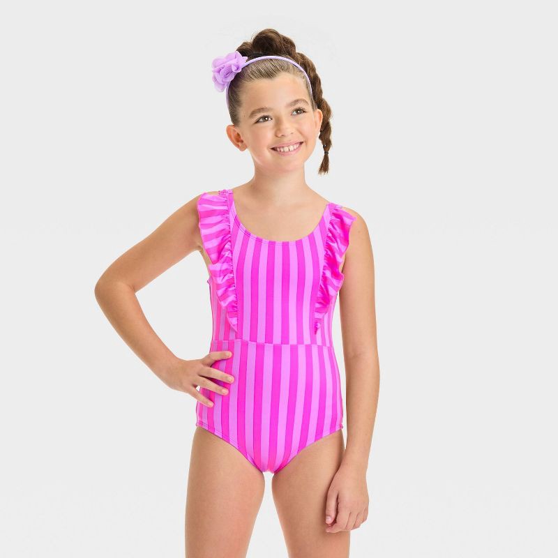 slide 1 of 3, Girls' Striped One Piece Swimsuit - Cat & Jack™ Pink S: Recycled Polyester, UPF 50+, Sleeveless, 1 ct