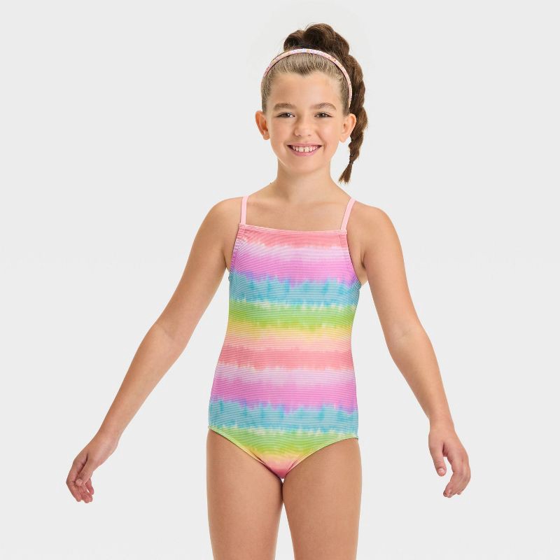 slide 1 of 3, Girls' Striped One Piece Swimsuit - Cat & Jack™ L: UPF 50+, Squareneck, Elastic Leg Openings, 1 ct