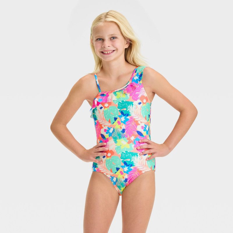 slide 1 of 3, Girls' Abstract One Piece Swimsuit - Cat & Jack™ XS: Recycled Polyester, Spandex, Adjustable Strap, Full Lining, Machine Wash, 1 ct