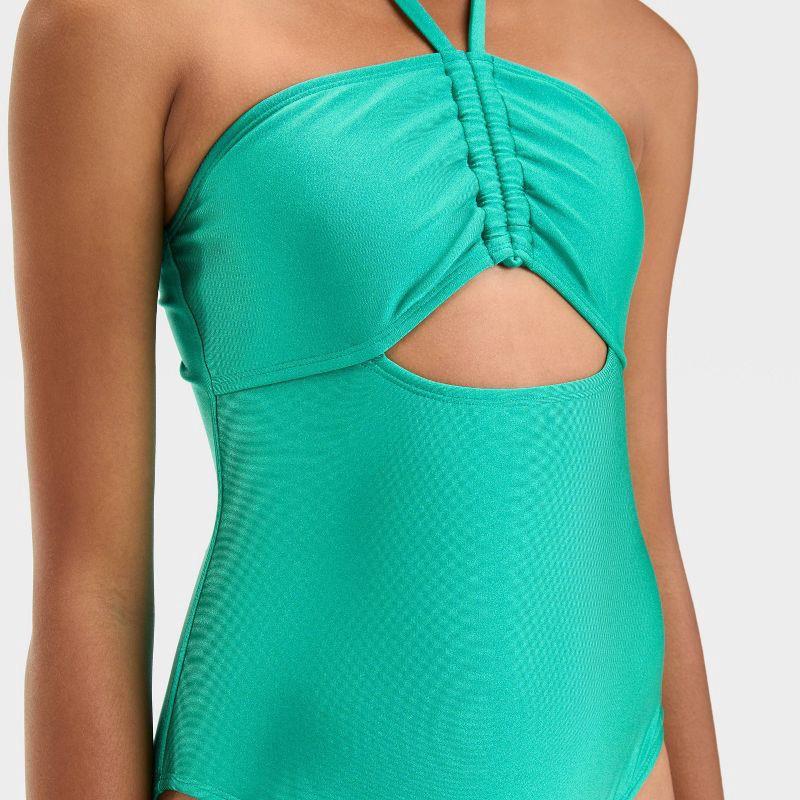 slide 3 of 3, Girls' Shining Bright Solid One Piece Swimsuit - art class™ Green S: Halter Neck, UPF 50+ Protection, 1 ct