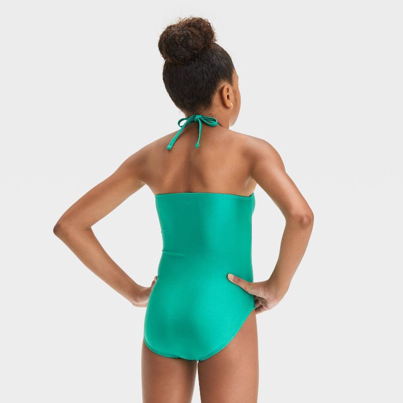 slide 2 of 3, Girls' Shining Bright Solid One Piece Swimsuit - art class™ Green L: Halter Neck, UPF 50+, Tricot Fabric, 1 ct