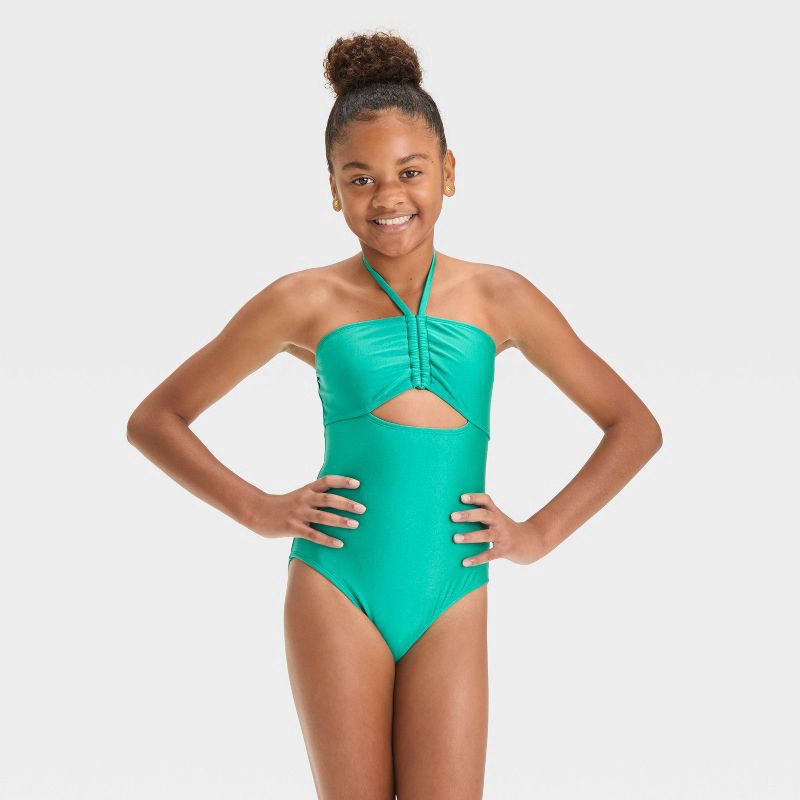 slide 1 of 3, Girls' Shining Bright Solid One Piece Swimsuit - art class™ Green L: Halter Neck, UPF 50+, Tricot Fabric, 1 ct
