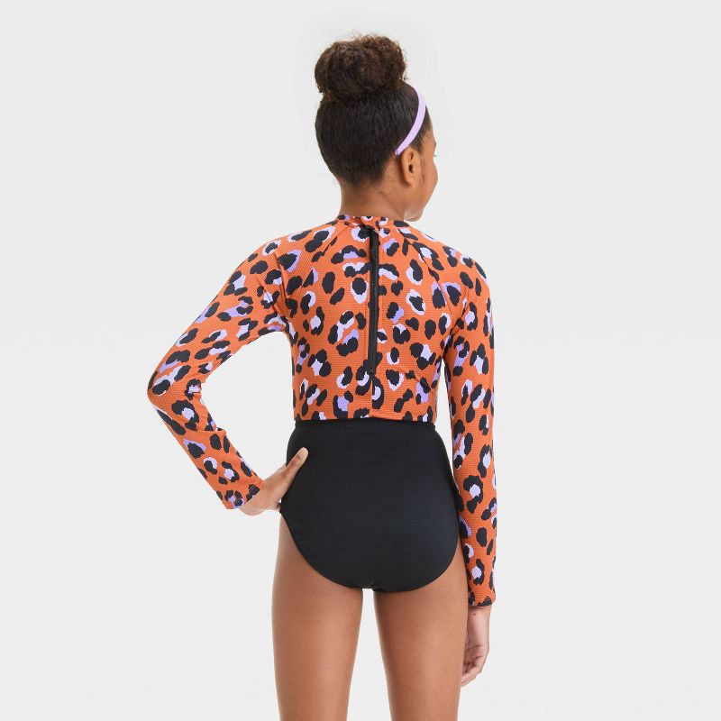 slide 2 of 3, Girls' Hand Drawn Cheetah Printed One Piece Swimsuit - art class™ XS: Long Sleeve, UPF 50+, Animal Print, 1 ct
