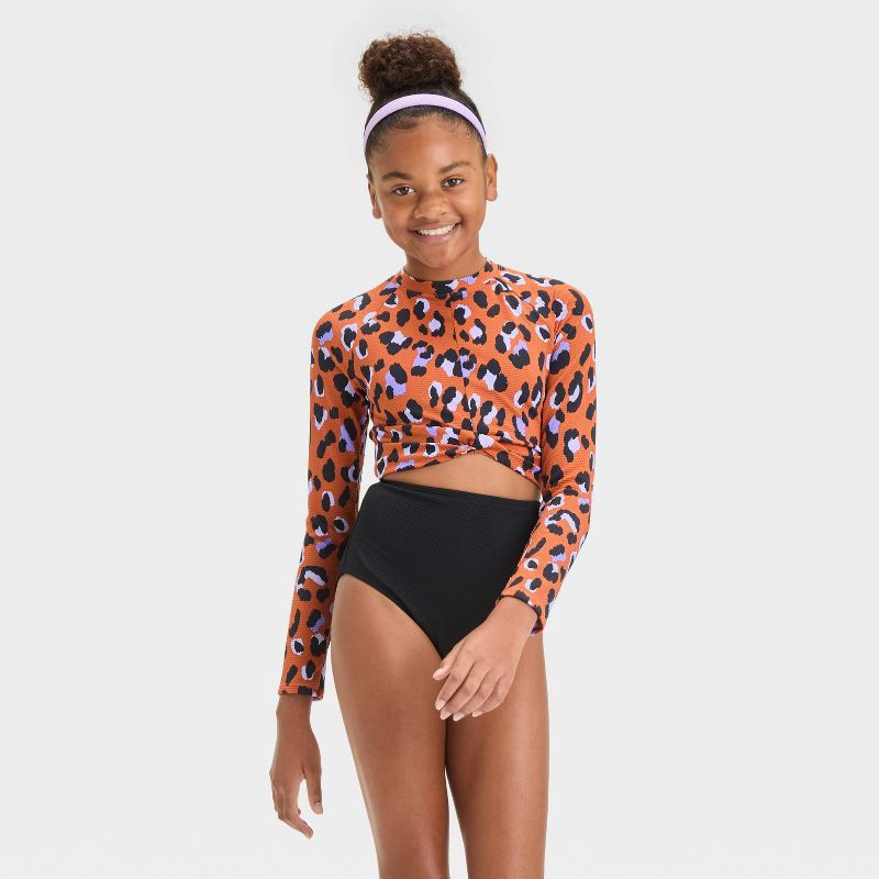 slide 1 of 3, Girls' Hand Drawn Cheetah Printed One Piece Swimsuit - art class™ XS: Long Sleeve, UPF 50+, Animal Print, 1 ct