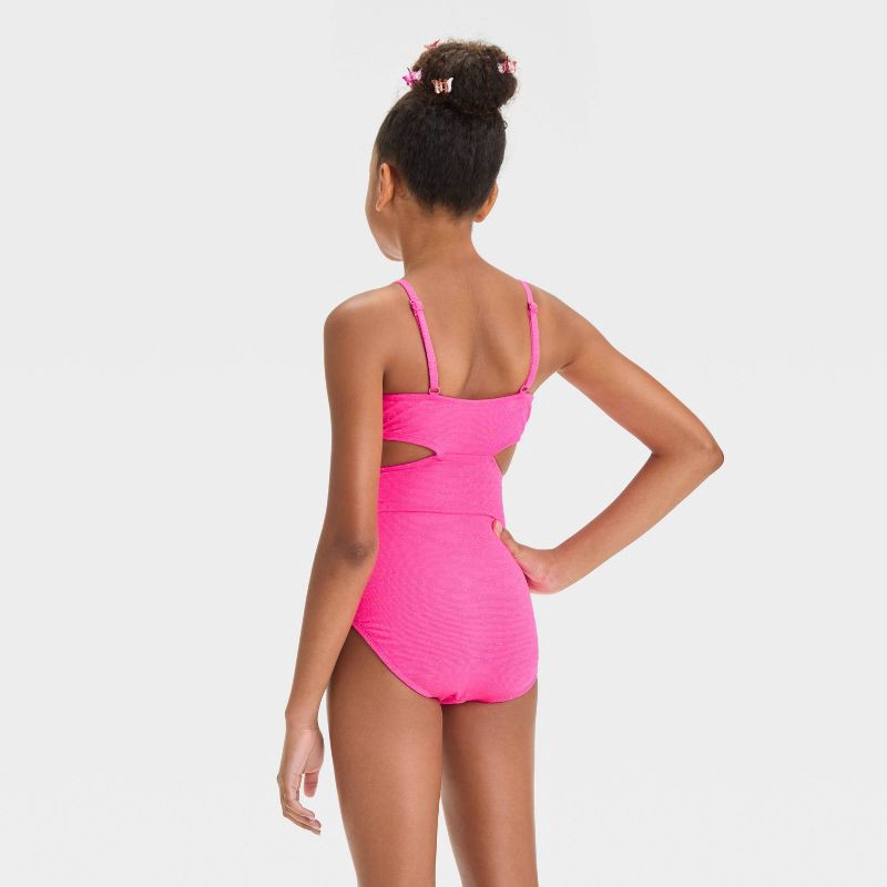 slide 2 of 3, Girls' Solid Sea Life One Piece Swimsuit - art Class™ Pink S: UPF 50+, Adjustable Strap, V Neck, Medium Coverage, 1 ct