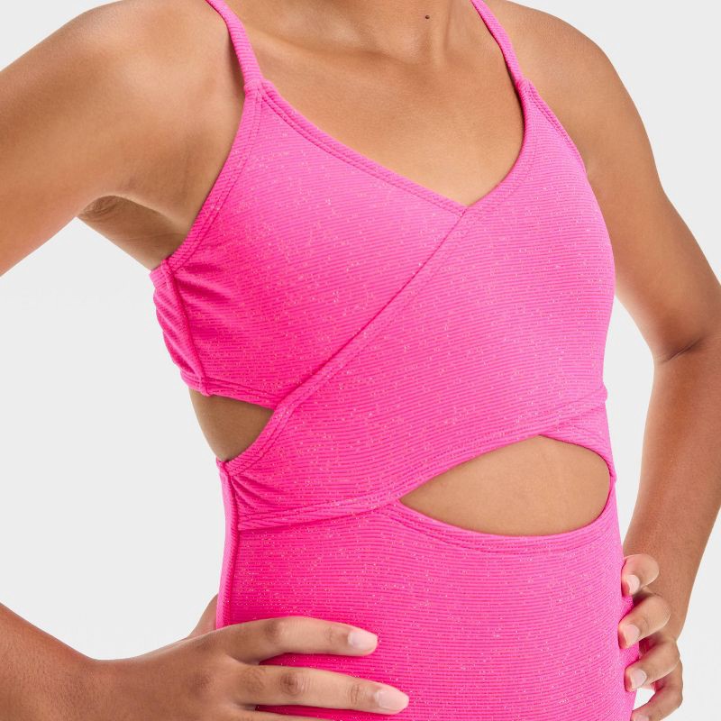 slide 3 of 3, Girls' Solid Sea Life One Piece Swimsuit - art Class™ Pink S: UPF 50+, Adjustable Strap, V Neck, Medium Coverage, 1 ct