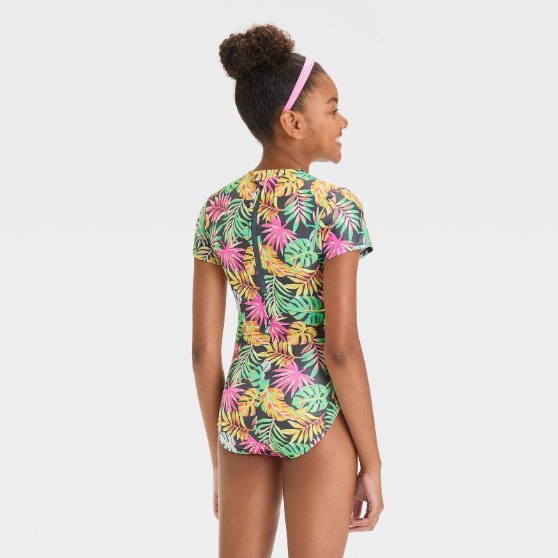 slide 2 of 3, Girls' Foliage Paradise Abstract One Piece Rash Guard - art class™ L: Highneck, UPF 50+, Botanical Pattern, 1 ct