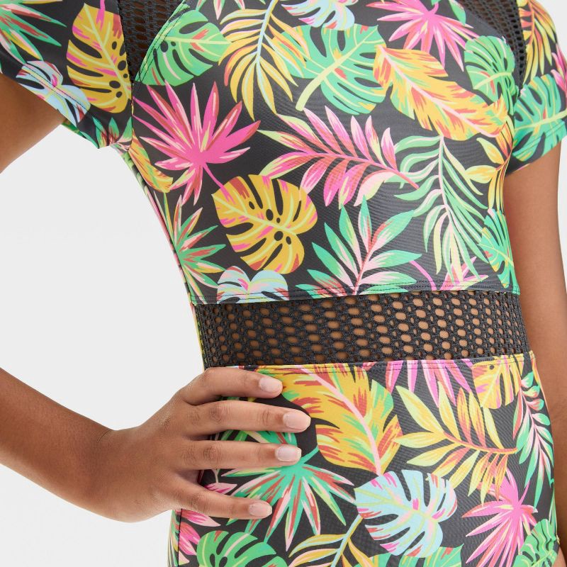 slide 3 of 3, Girls' Foliage Paradise Abstract One Piece Rash Guard - art class™ L: Highneck, UPF 50+, Botanical Pattern, 1 ct