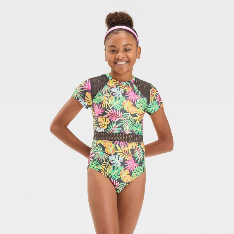 slide 1 of 3, Girls' Foliage Paradise Abstract One Piece Rash Guard - art class™ L: Highneck, UPF 50+, Botanical Pattern, 1 ct