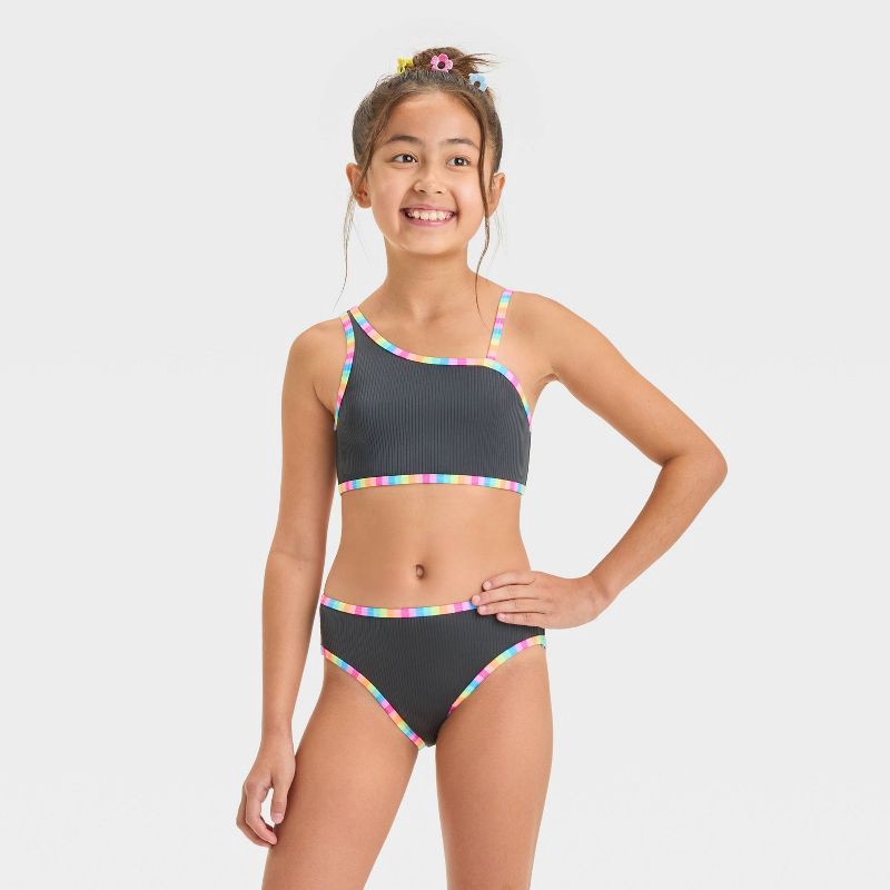 slide 1 of 3, Girls' Striped Bikini Set - Cat & Jack™ XS: Multi-Stripe, Adjustable Strap, Ribbed, Recycled Polyester, 1 ct