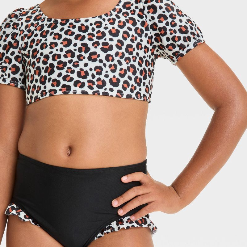 slide 3 of 3, Girls' Leopard Spot Printed Bikini Set - Cat & Jack™ Black M: UPF 50+, Recycled Polyester, Tricot, 1 ct