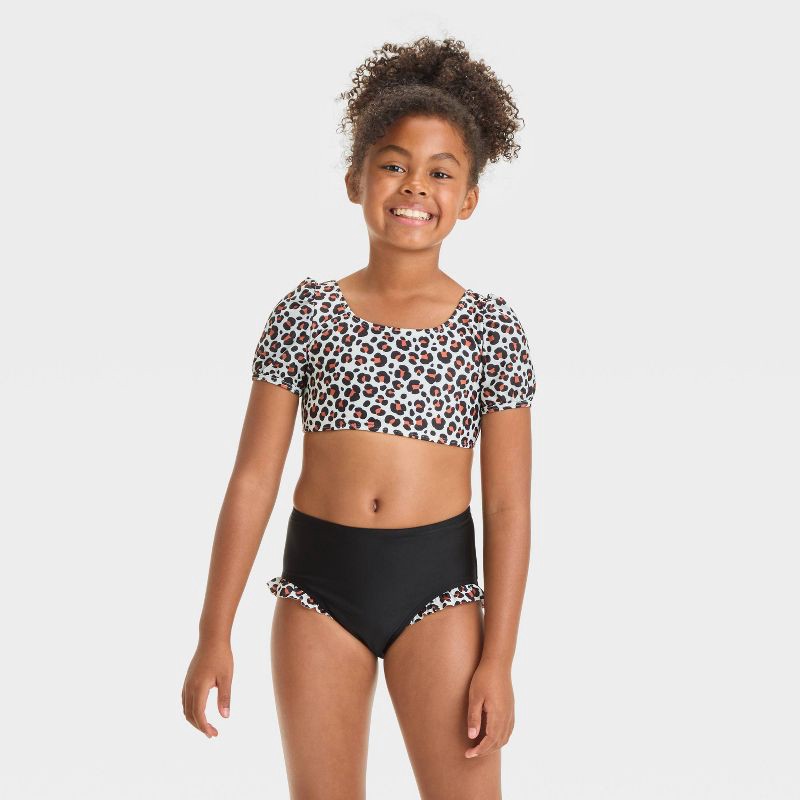 slide 1 of 3, Girls' Leopard Spot Printed Bikini Set - Cat & Jack™ Black M: UPF 50+, Recycled Polyester, Tricot, 1 ct