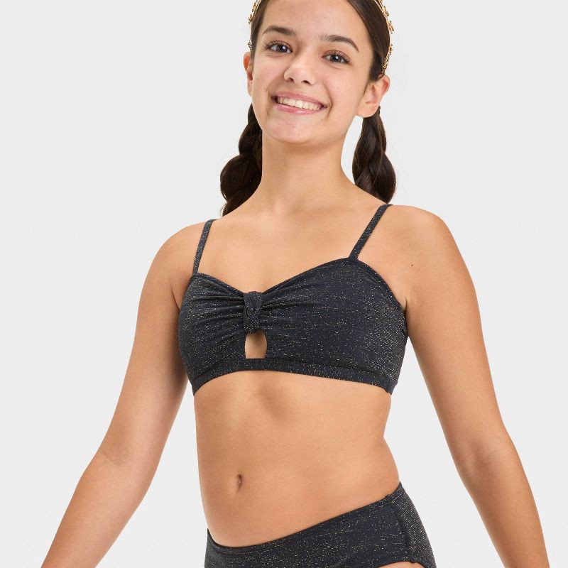 slide 3 of 3, Girls' Seaside Shine Solid Bikini Set - art class™ Black S: Adjustable Straps, UPF 50+, Removable Cups, 4-Way Stretch, 1 ct