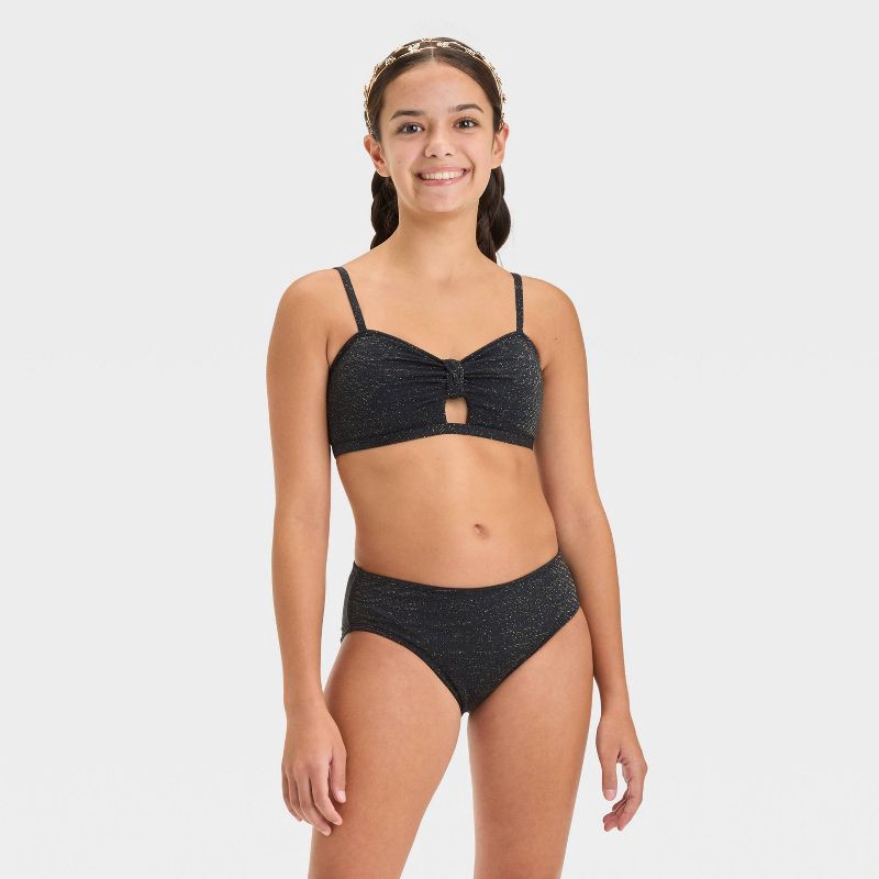 slide 1 of 3, Girls' Seaside Shine Solid Bikini Set - art class™ Black XL: Recycled Polyester, Adjustable Strap, UPF 50+, Removable Cup, 1 ct
