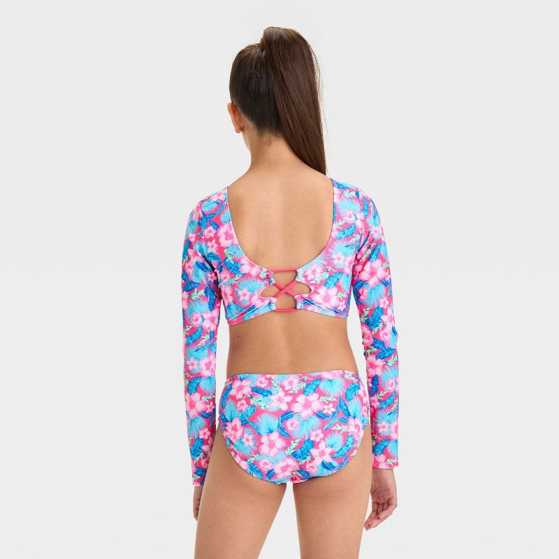 slide 2 of 3, Girls' Floral Printed Rash Guard Set - art class™ L: Botanical Pattern, Recycled Polyester, 2-Piece, 1 ct