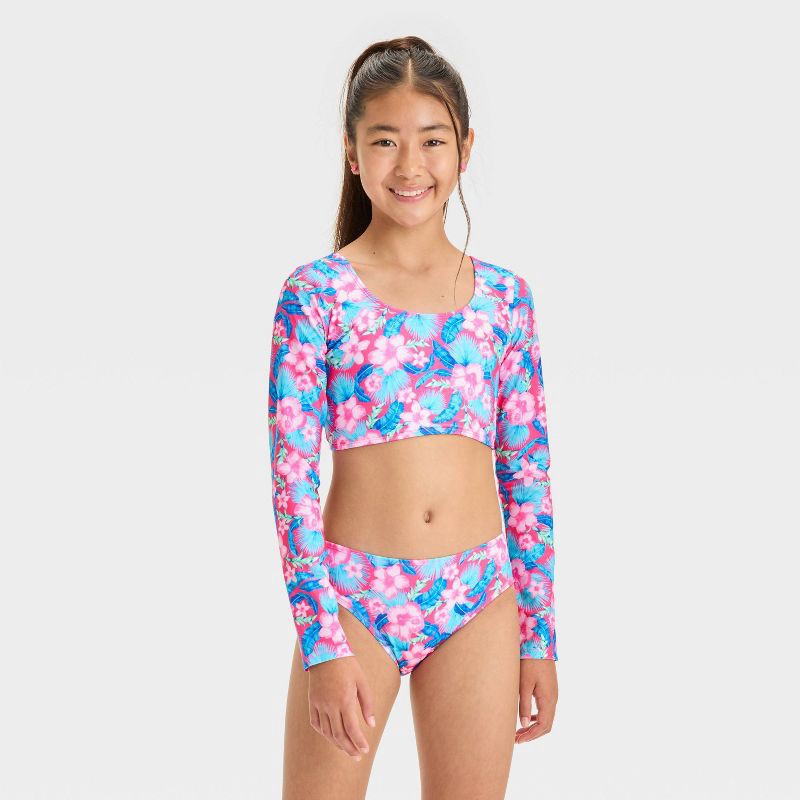 slide 1 of 3, Girls' Floral Printed Rash Guard Set - art class™ L: Botanical Pattern, Recycled Polyester, 2-Piece, 1 ct