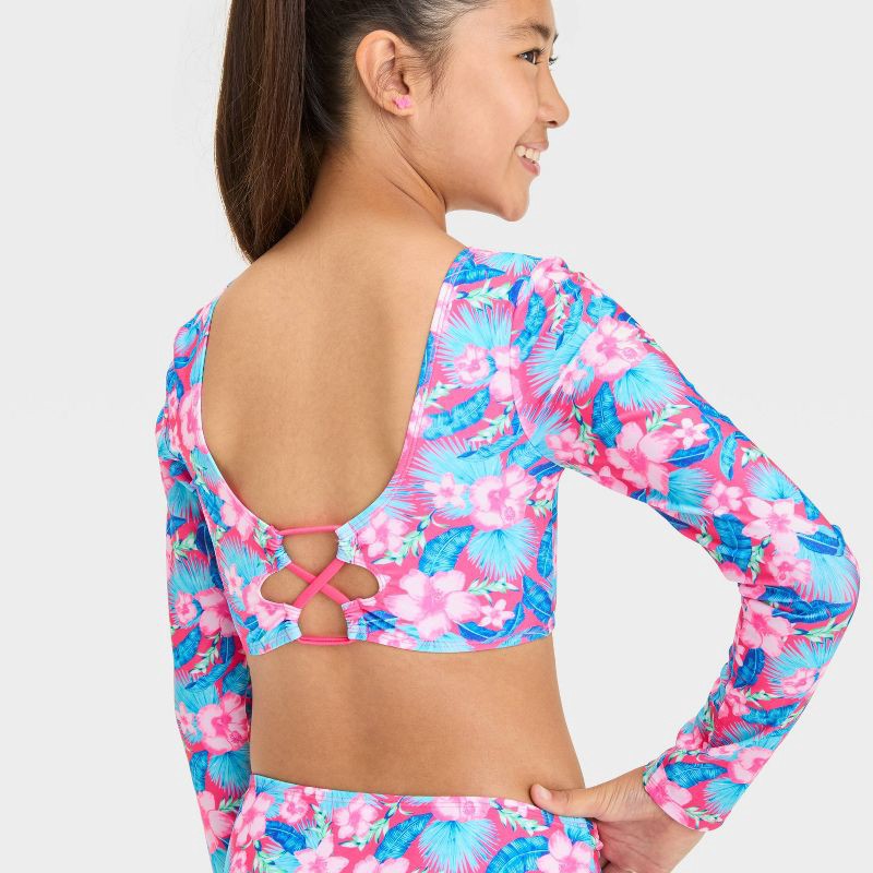 slide 3 of 3, Girls' Floral Printed Rash Guard Set - art class™ L: Botanical Pattern, Recycled Polyester, 2-Piece, 1 ct
