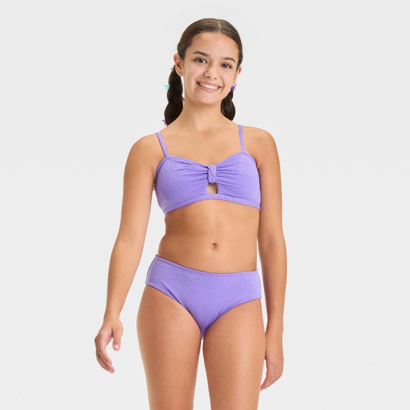 slide 1 of 3, Girls' Seaside Shine Solid Bikini Set - art class™ Purple XL: UPF 50+, Adjustable Straps, Removable Cups, 1 ct
