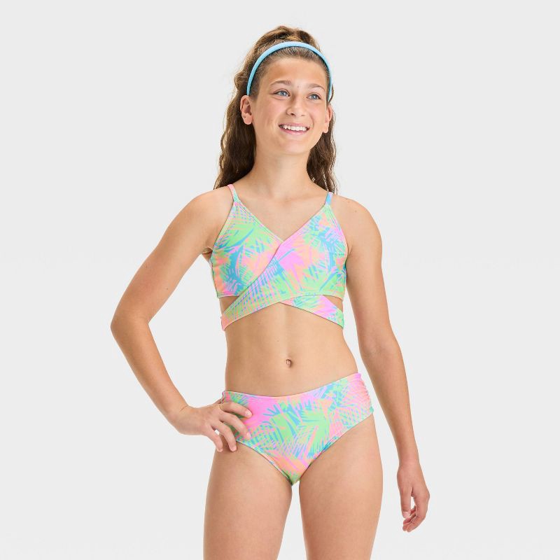 slide 1 of 3, Girls' Visit The Eastside Leaf Printed Bikini Set - art class™ L: Botanical Pattern, Adjustable Strap, UPF 50+, 1 ct