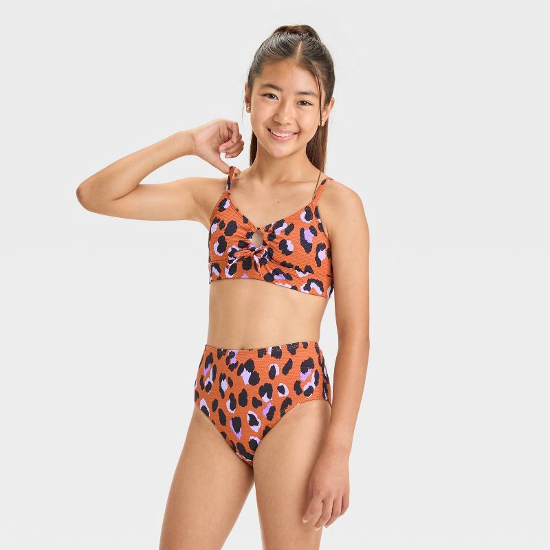 slide 1 of 3, Girls' Hand Drawn Cheetah Printed Bikini Set - art class™ L: Animal Print, UPF 50+, Recycled Materials, 1 ct