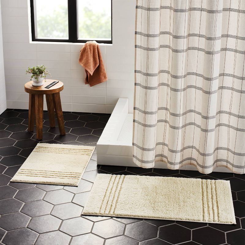 slide 2 of 4, 2pc 17"x24" and 20"x34" Performance Plus Textured Cotton Striped Non Skid Bath Rug Set Tan - Threshold™, 2 ct