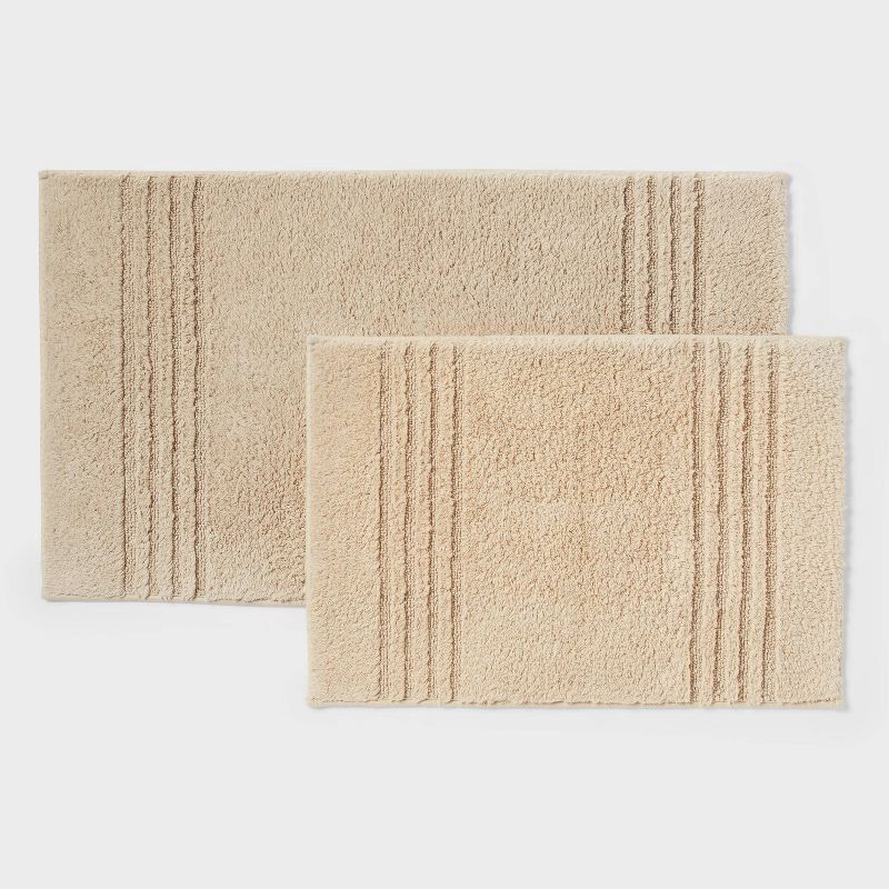 slide 1 of 4, 2pc 17"x24" and 20"x34" Performance Plus Textured Cotton Striped Non Skid Bath Rug Set Tan - Threshold™, 2 ct