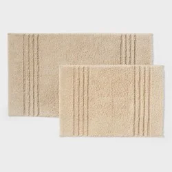 2pc 17"x24" and 20"x34" Performance Plus Textured Cotton Striped Non Skid Bath Rug Set Tan - Threshold™