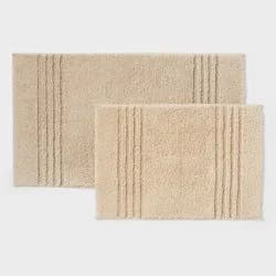 2pc 17"x24" and 20"x34" Performance Plus Textured Cotton Striped Non Skid Bath Rug Set Tan - Threshold™