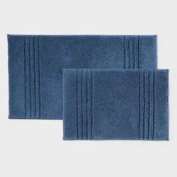 2pc 17"x24" and 20"x34" Performance Plus Textured Cotton Striped Non Skid Bath Rug Set Blue - Threshold™