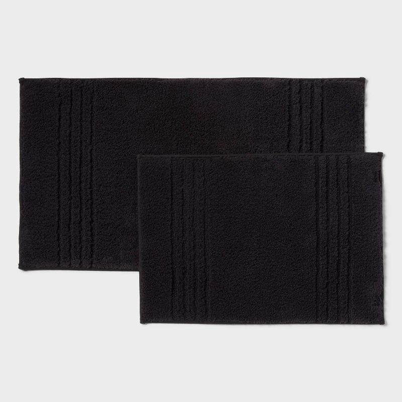 slide 1 of 4, 2pc 17"x24" and 20"x34" Performance Plus Textured Cotton Striped Non Skid Bath Rug Set Black - Threshold™, 2 ct