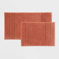 2pc 17"x24" and 20"x34" Performance Plus Textured Cotton Striped Non Skid Bath Rug Set Terracotta - Threshold™