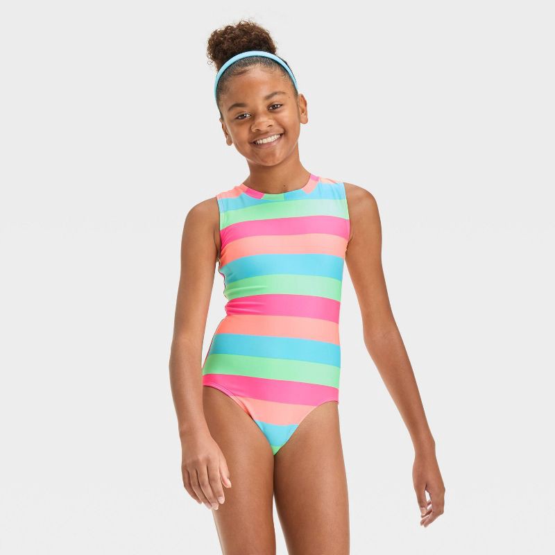 slide 1 of 3, Girls' Sweet Summer Striped One Piece Swimsuit - art class™ XS: Recycled Polyester, Spandex, Sleeveless, Lined, 1 ct