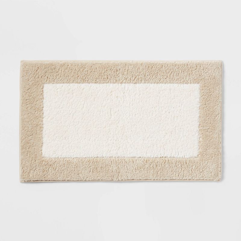 slide 1 of 4, 20"x34" Fluffy Border Memory Foam Bath Rug Tan - Threshold™, 1 ct
