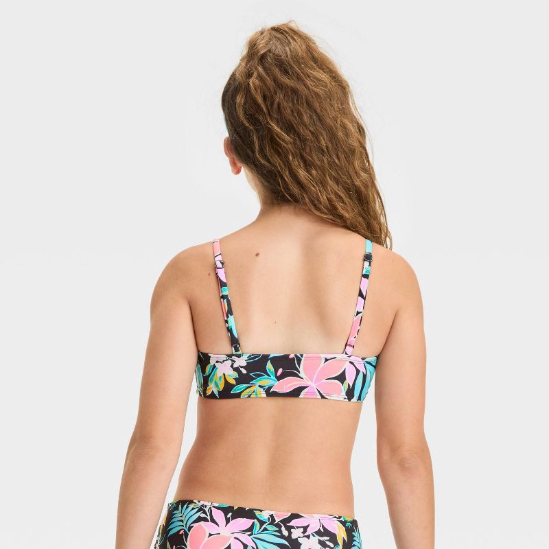 slide 2 of 3, Girls' Tropical Floral Printed Bikini Swim Top - art class™ Black S: Recycled Polyester, Adjustable Strap, UPF 50+, 1 ct