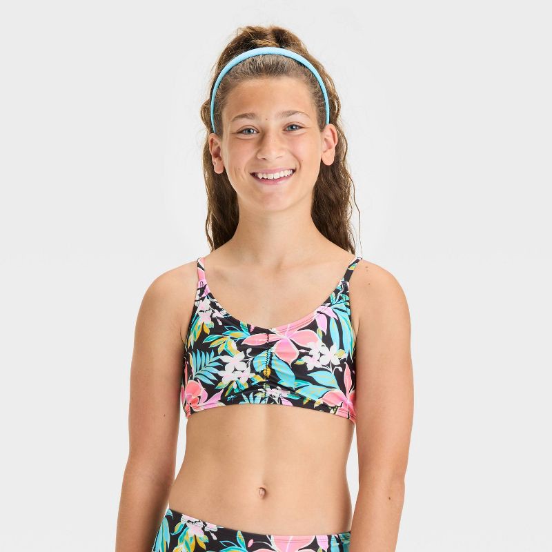 slide 1 of 3, Girls' Tropical Floral Printed Bikini Swim Top - art class™ Black S: Recycled Polyester, Adjustable Strap, UPF 50+, 1 ct