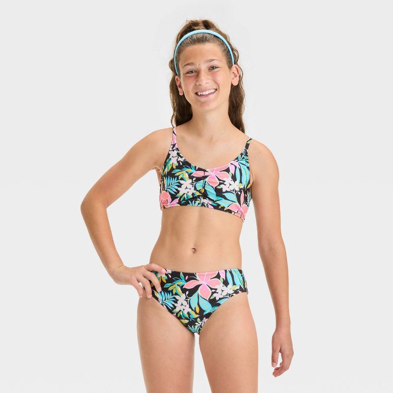 slide 3 of 3, Girls' Tropical Floral Printed Bikini Swim Top - art class™ Black M: Scoopneck, Adjustable Strap, UPF 50+, 1 ct