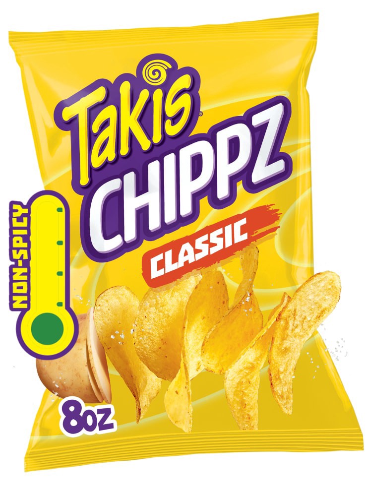 slide 1 of 13, Takis Classic Chippz 8 oz Sharing Size Bag, Salt Flavored Non-Spicy Salty Thin-Cut Potato Chips, 8 oz