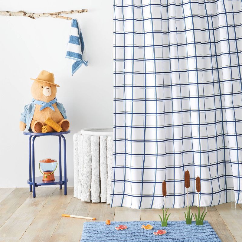 slide 1 of 1, Plaid Kids' Shower Curtain Blue - Pillowfort™, 1 ct