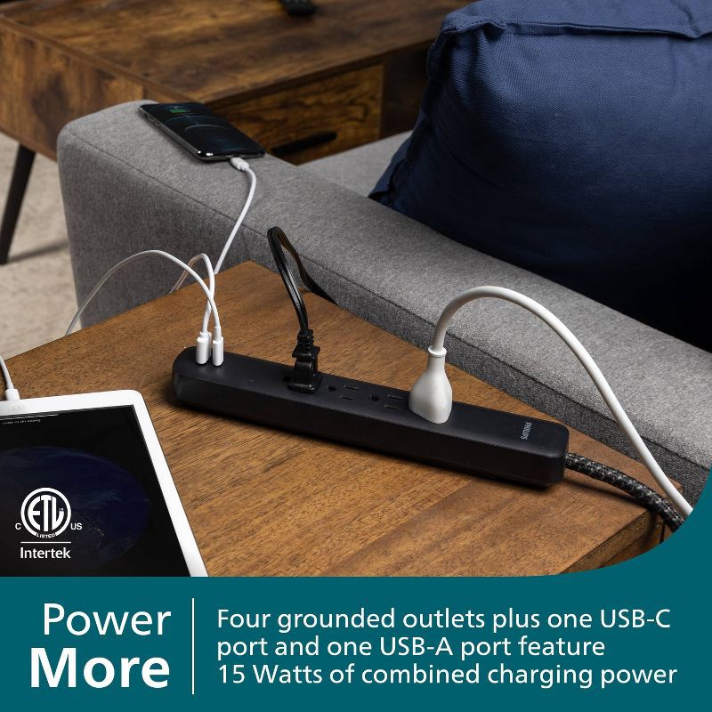 slide 2 of 7, Philips Surge Protector 4ft 4-Outlet USB-A USB-C 450 Joules Braided Cord Flat Plug - Black, 4 ft