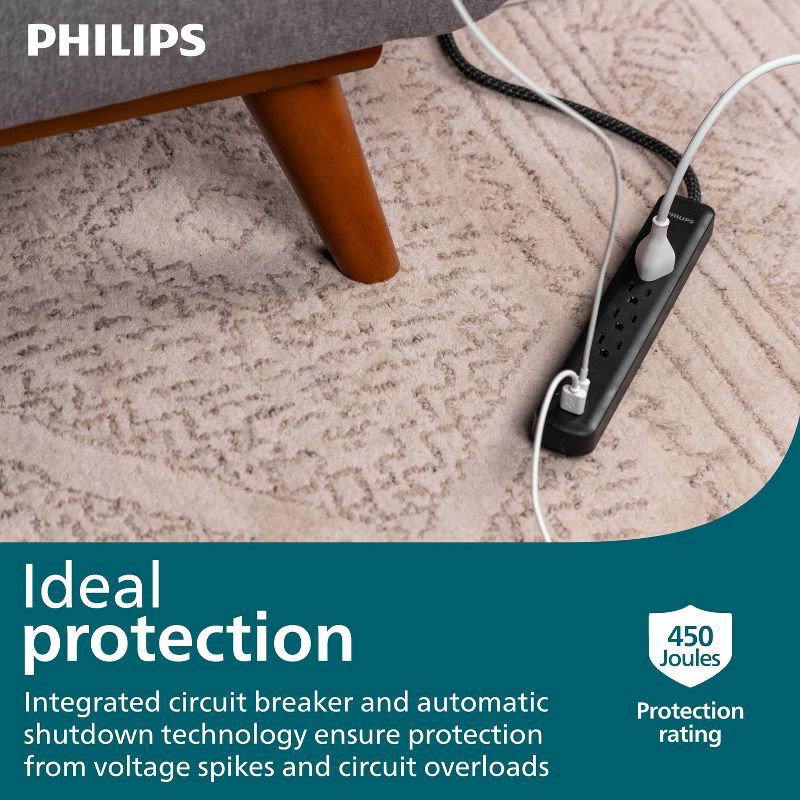 slide 3 of 7, Philips Surge Protector 4ft 4-Outlet USB-A USB-C 450 Joules Braided Cord Flat Plug - Black, 4 ft