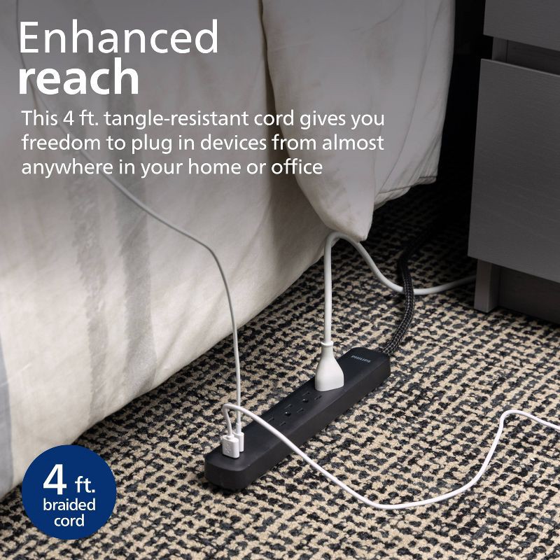 slide 4 of 7, Philips Surge Protector 4ft 4-Outlet USB-A USB-C 450 Joules Braided Cord Flat Plug - Black, 4 ft