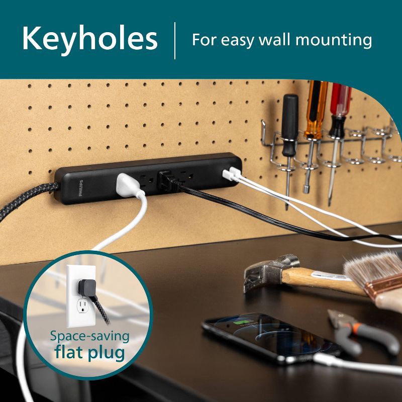 slide 5 of 7, Philips Surge Protector 4ft 4-Outlet USB-A USB-C 450 Joules Braided Cord Flat Plug - Black, 4 ft