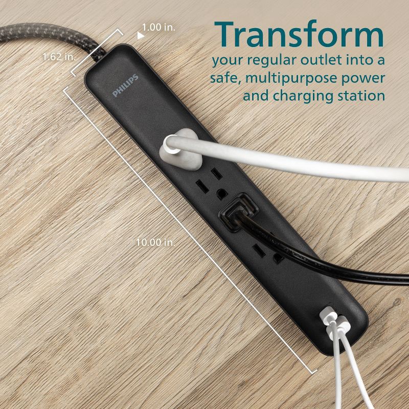 slide 6 of 7, Philips Surge Protector 4ft 4-Outlet USB-A USB-C 450 Joules Braided Cord Flat Plug - Black, 4 ft