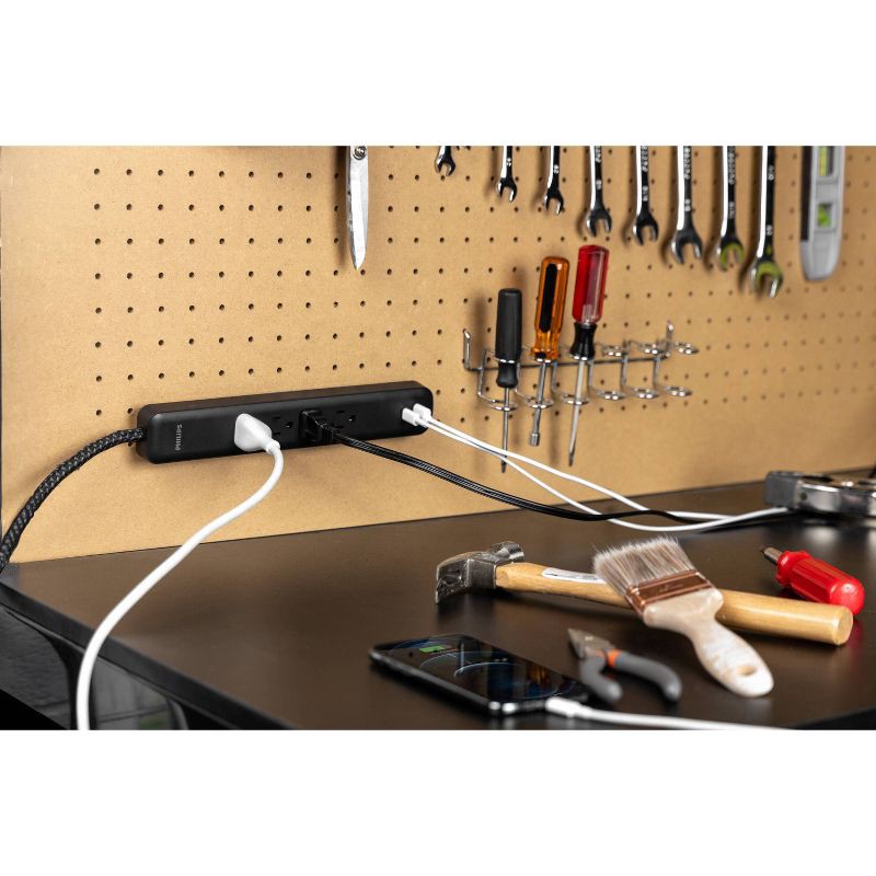 slide 7 of 7, Philips Surge Protector 4ft 4-Outlet USB-A USB-C 450 Joules Braided Cord Flat Plug - Black, 4 ft